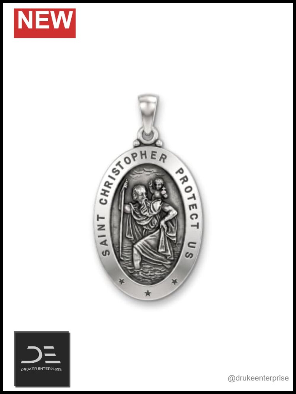 925 Sterling Silver St Christopher Oval Pendant Medal Religious Charm